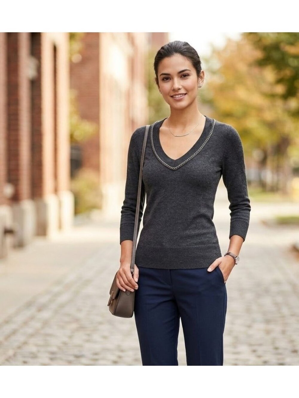 F21 Womens Charcoal Gray V-Neck Sweater With Zipper Accent 3/4 Sleeves Size Smal